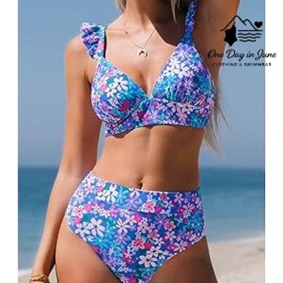 Cupshe Ruffle Shoulder Floral Bikini Swimsuit Size M - Picture 1 of 6